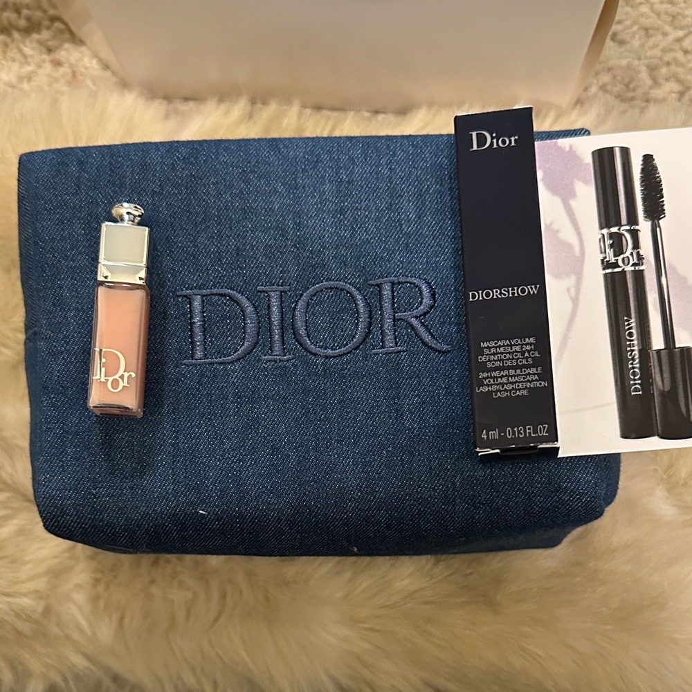 Dior Blue Denim Pouch with Lip Gloss and Mascara